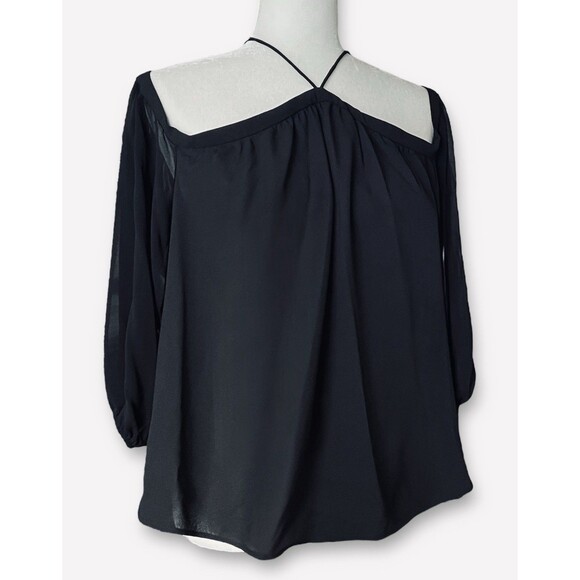 1.STATE Off-Shoulder Chiffon Blouse W Sheer Puff Sleeves Black Size XS NWT - Picture 1 of 11